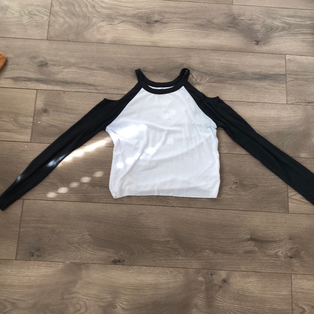 Off the shoulder black and white shirt